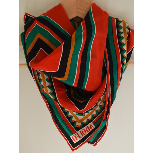 Vintage Accessories - Vintage Silk Scarf Red Green Geometric Print
